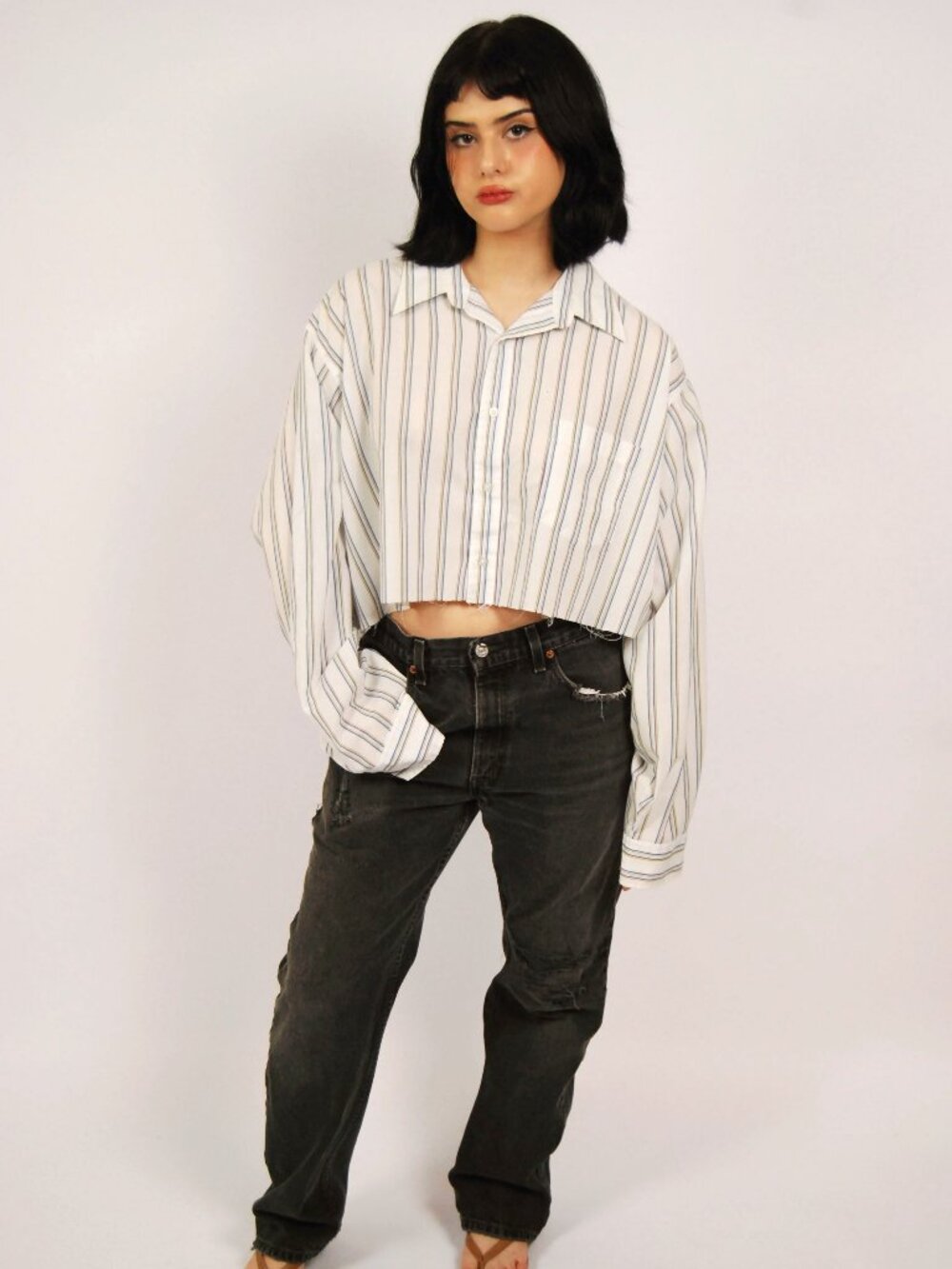 70s Cropped Dress Shirt (L) white blue vintage crop top baggy alternative skater